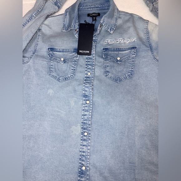 NWT True Religion Light Bliss Wash Logo Georgia Long Sleeve Denim Shirt Sz Small - Picture 9 of 12